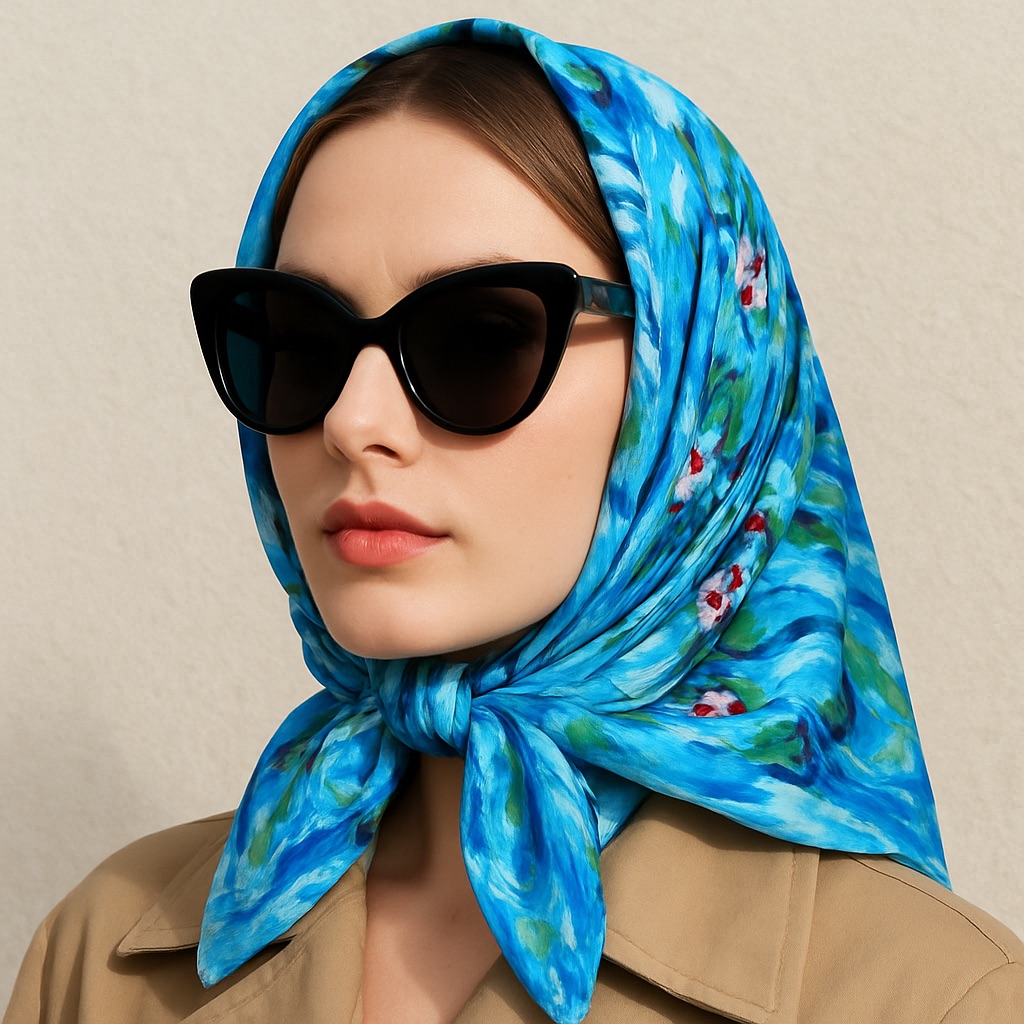 Blue Floral Print Silk Scarf